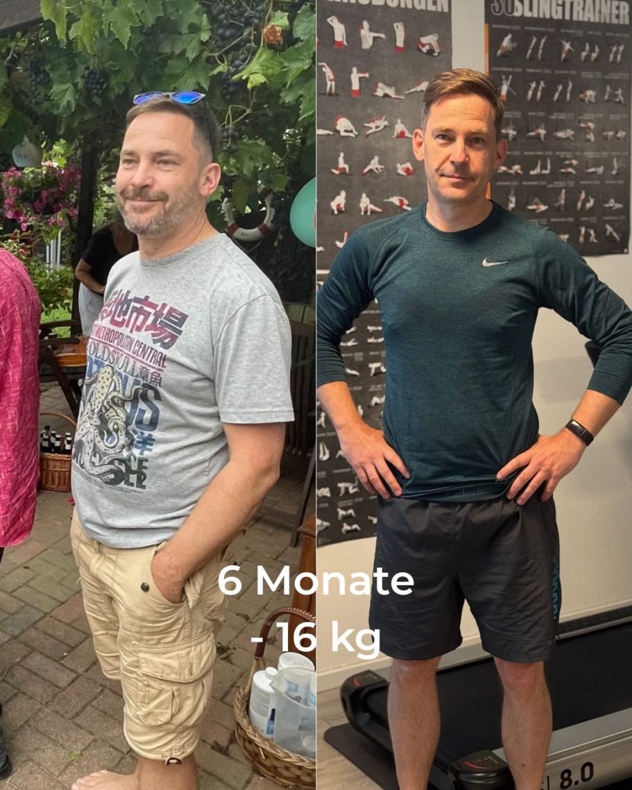 Mann, Körpergewichtsreduktion um sechzehn Kilogramm nach sechs Monaten